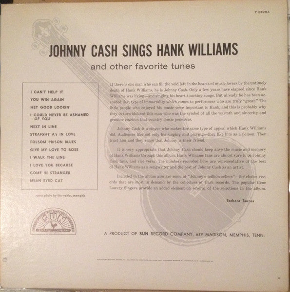 Back cover of a vinyl record featuring text about Johnny Cash singing Hank Williams and a list of songs.