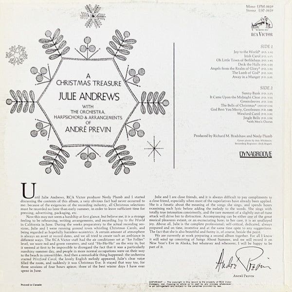 Julie Andrews, André Previn – A Christmas Treasure -  1967 Original Mono Pressing Vinyl Pursuit Inc