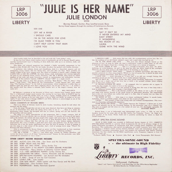Julie London – Julie Is Her Name - 1956 US Pressing