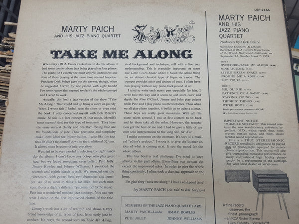 Marty Paich And His Jazz Piano Quartet – Take Me Along - 1960 US Pressing