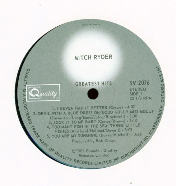 Mitch Ryder – Greatest Hits - 1981 Original