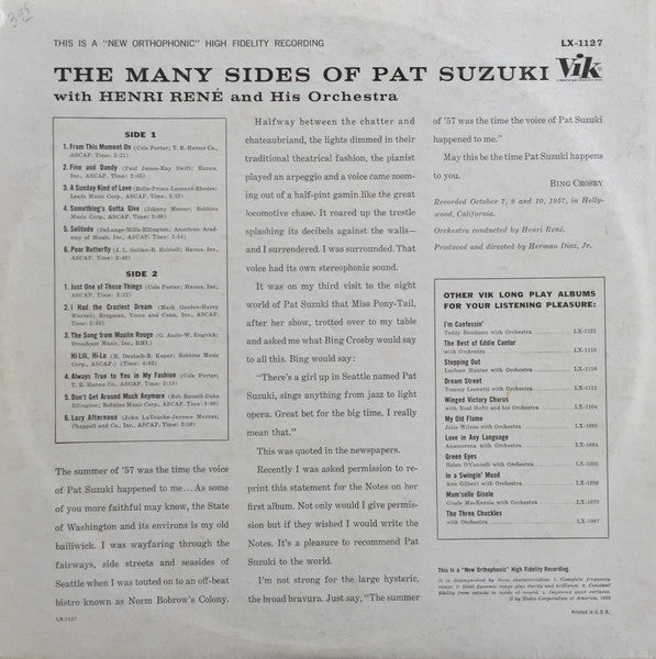 Pat Suzuki With Henri René And His Orchestra – The Many Sides Of Pat Suzuki US Pressing