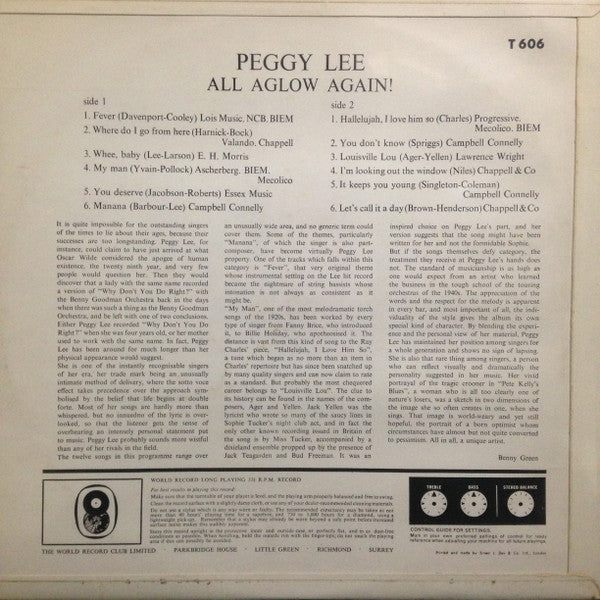 Peggy Lee – All Aglow Again - UK MONO Pressing