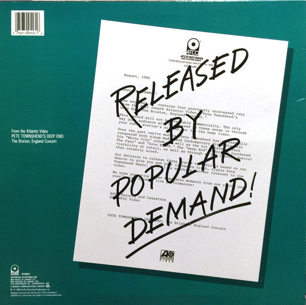 Pete Townshend 's Deep End 1986 Vinyl Pursuit Inc Pete Townshend 's Deep End 1986 Vinyl Pursuit Inc