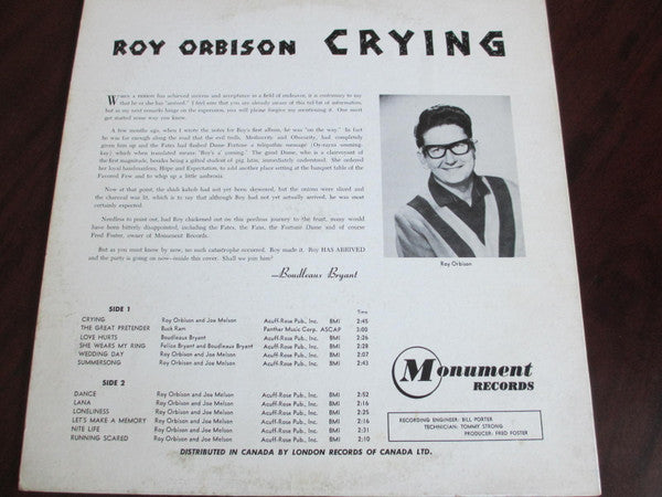 Roy Orbison – Crying - 1962 Original MONO Pressing