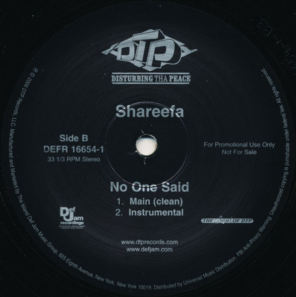 Shareefa – Cry No More / No One Said US Pressing