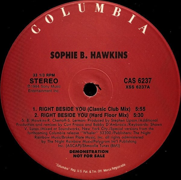 Sophie B. Hawkins – Right Beside You - US 1994 Original Promo - Vinyl Pursuit Inc