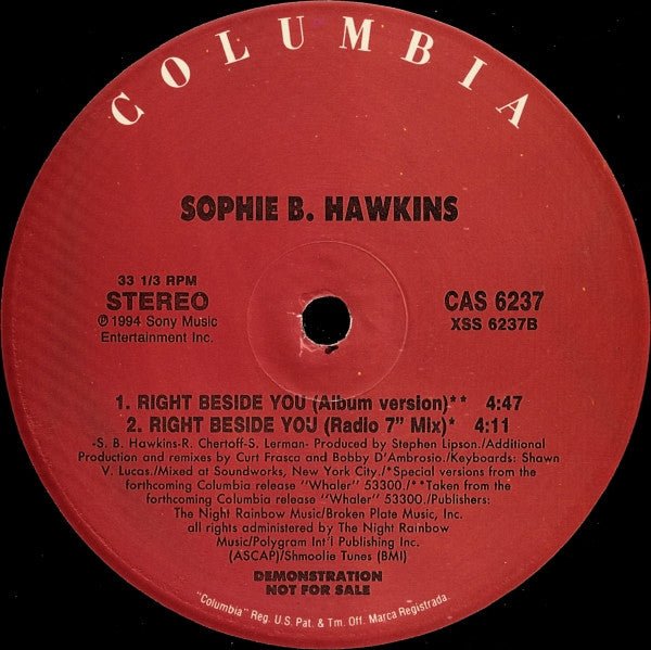 Sophie B. Hawkins – Right Beside You - US 1994 Original Promo - Vinyl Pursuit Inc