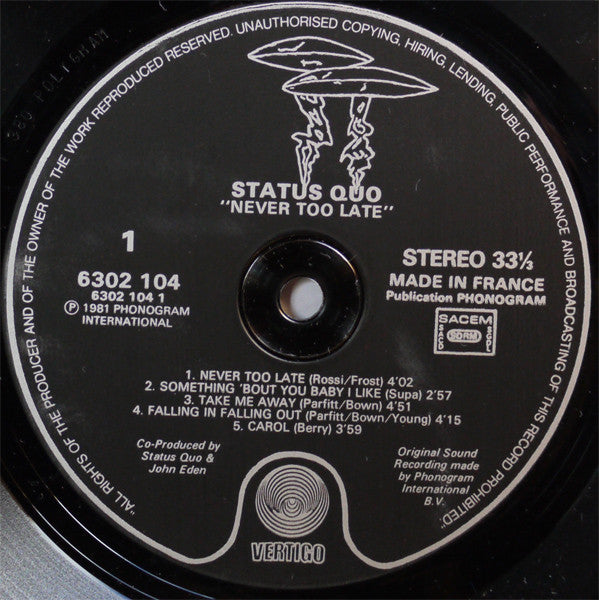 Status Quo – Never Too Late France Pressing