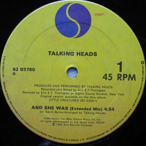 Talking Heads – And She Was - 1985 Original - Vinyl Pursuit Inc