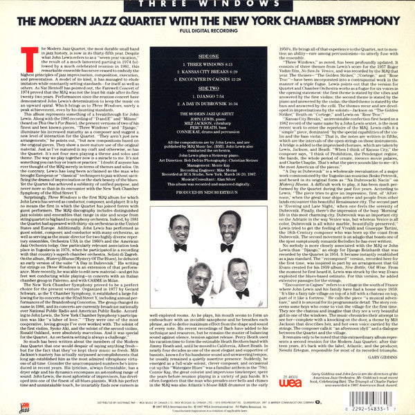 The Modern Jazz Quartet - Three Windows  -  1987 Original Pressing