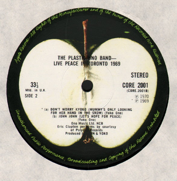 The Plastic Ono Band – Live Peace In Toronto - 1969 UK Pressing
