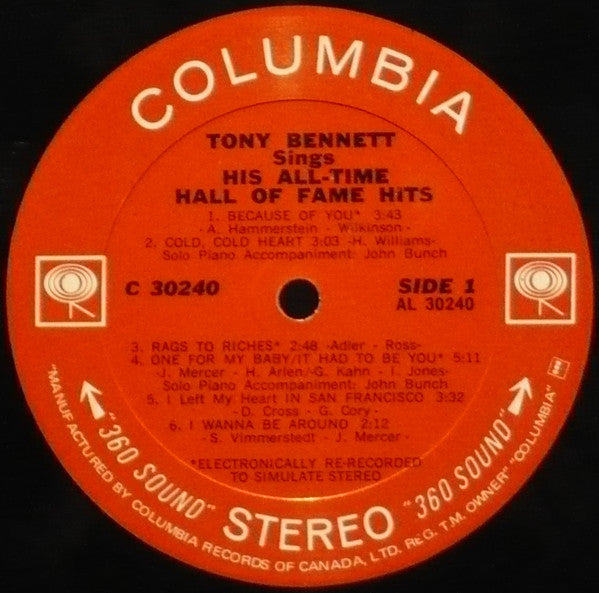 Tony Bennett – Tony Bennett Sings His All-Time Hall Of Fame Hits - 1971 Original Pressing