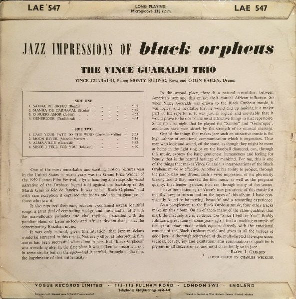 Vince Guaraldi Trio – Jazz Impressions Of Black Orpheus UK Pressing
