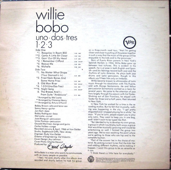 Willie Bobo – Uno Dos Tres 1, 2, 3 - 1966 US Original Verve Pressing, Rare