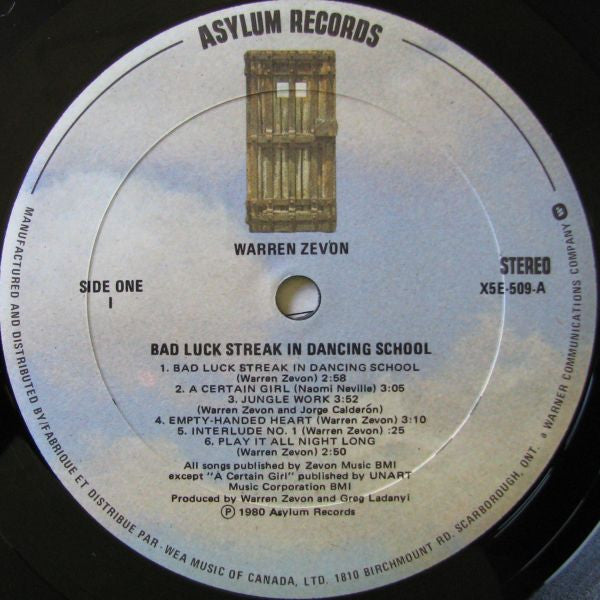 Warren Zevon – Bad Luck Streak In Dancing School - 1980 Original