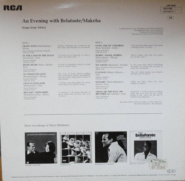 Belafonte / Makeba – An Evening With Belafonte/Makeba - 1966 German Pressing in Shirnkwrap