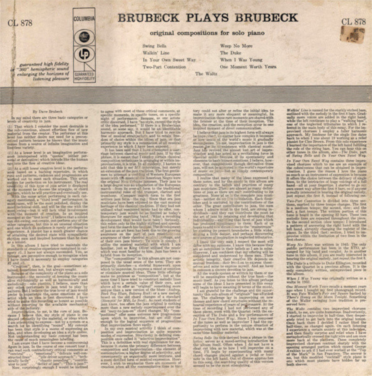 Dave Brubeck – Brubeck Plays Brubeck - US Mono Pressing