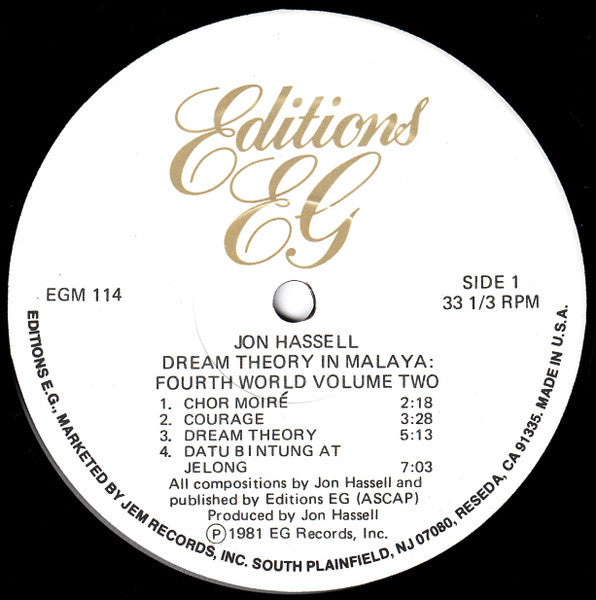 Jon Hassell – Dream Theory In Malaya (Fourth World Volume Two) - Rare 1981 US Pressing