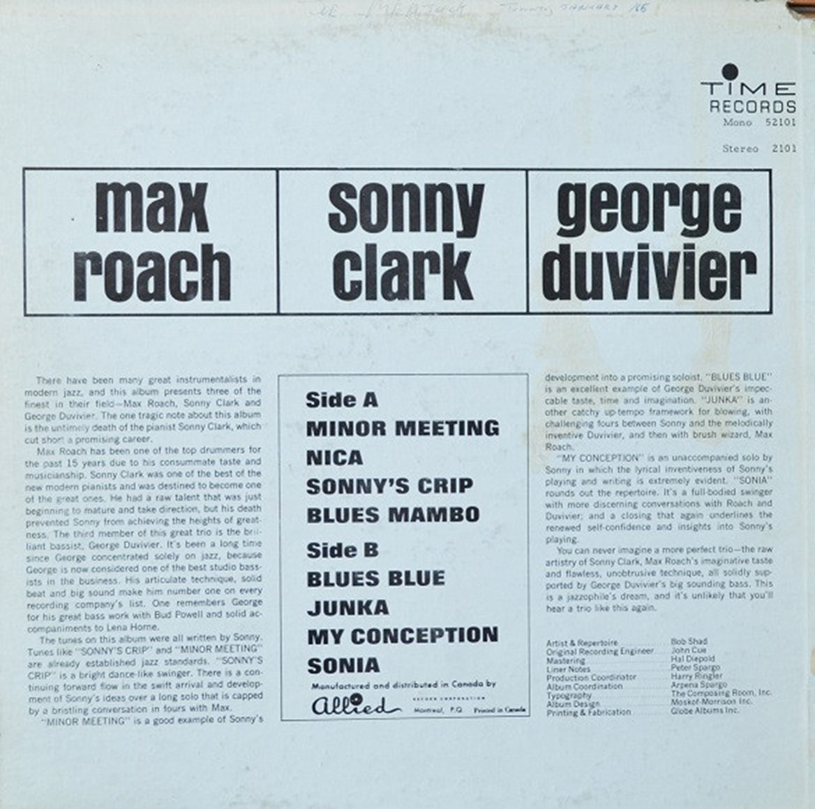 Max Roach, Sonny Clark, George Duvivier – Max Roach, Sonny Clark, George Duvivier - Original - Rare