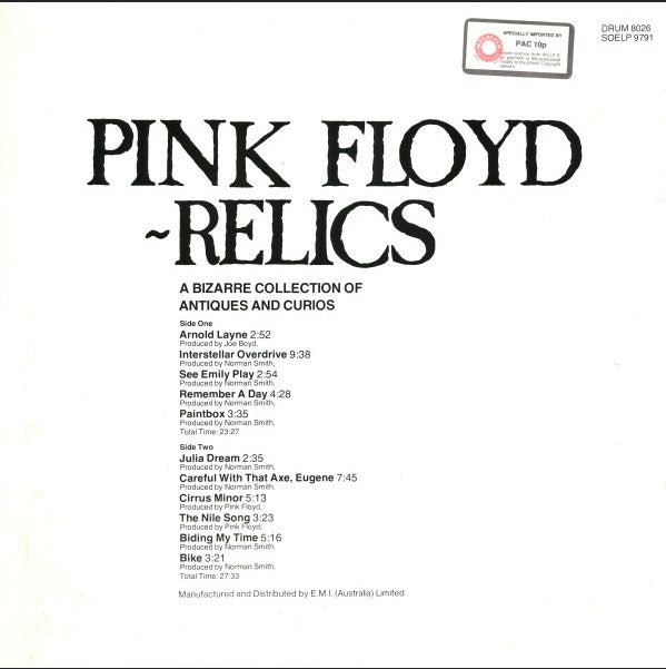 Pink Floyd – Relics (A Bizarre Collection Of Antiques And Curios) - Rare 1970 Australian Pressing!