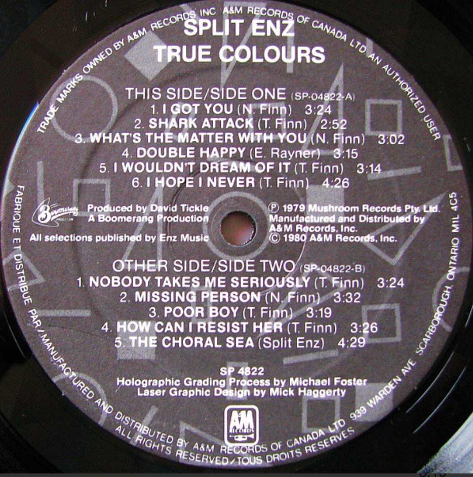 Split Enz ‎– True Colours - Yellow Cover, Etched Vinyl