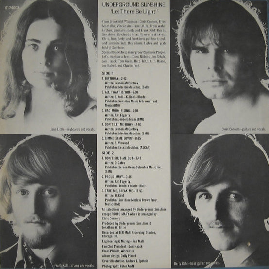 Underground Sunshine ‎– Let There Be Light - 1969 US Promo Pressing