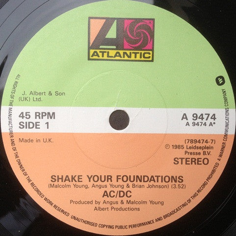 AC/DC – Shake Your Foundations - 7" 45 PRM - 1986 UK Pressing