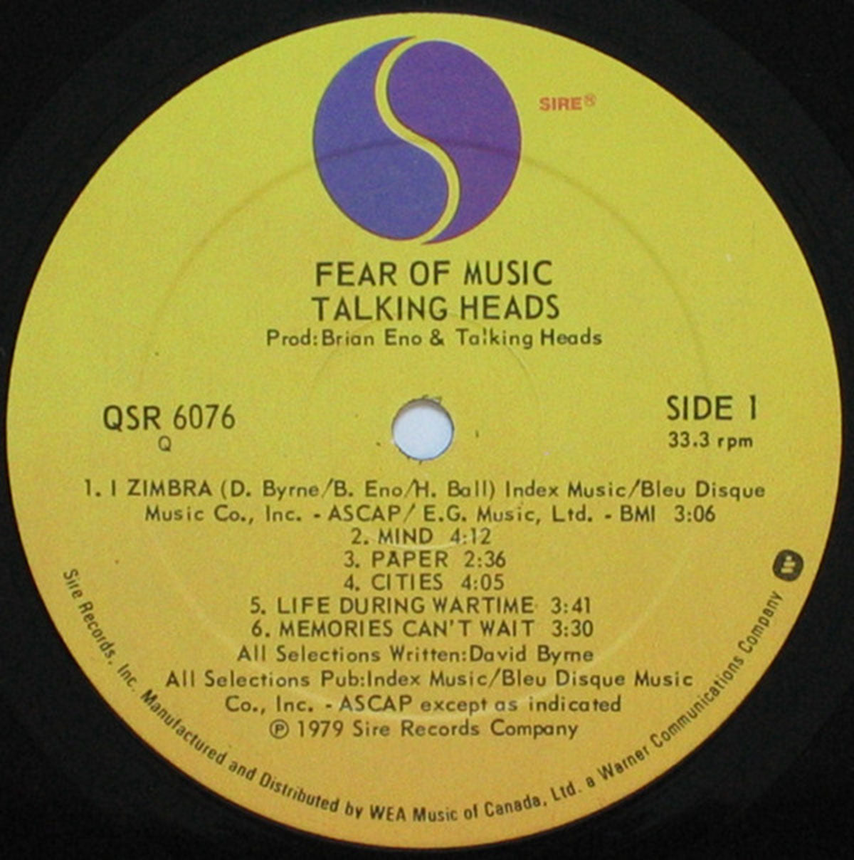 Talking Heads ‎ Fear Of Music Vinyl Pursuit Inc