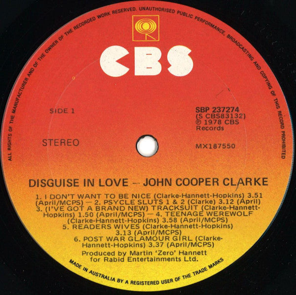 John Cooper Clarke – Disguise In Love- 1976  Australia Pressing