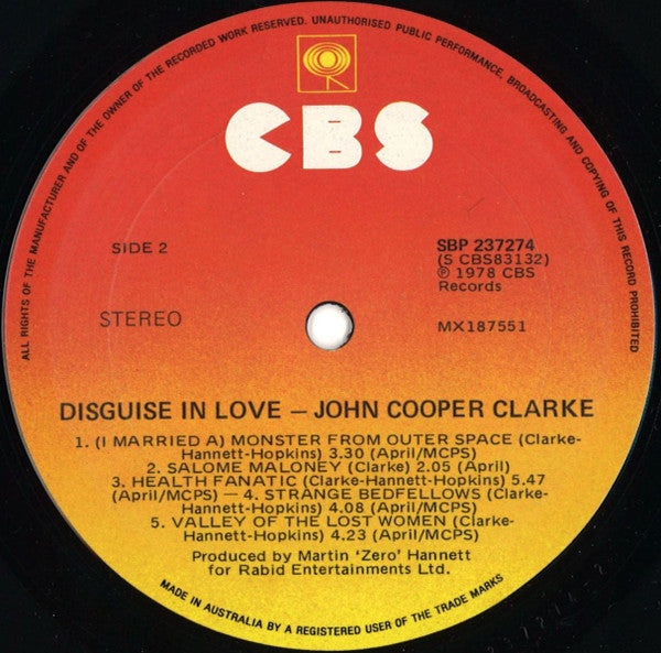 John Cooper Clarke – Disguise In Love- 1976  Australia Pressing