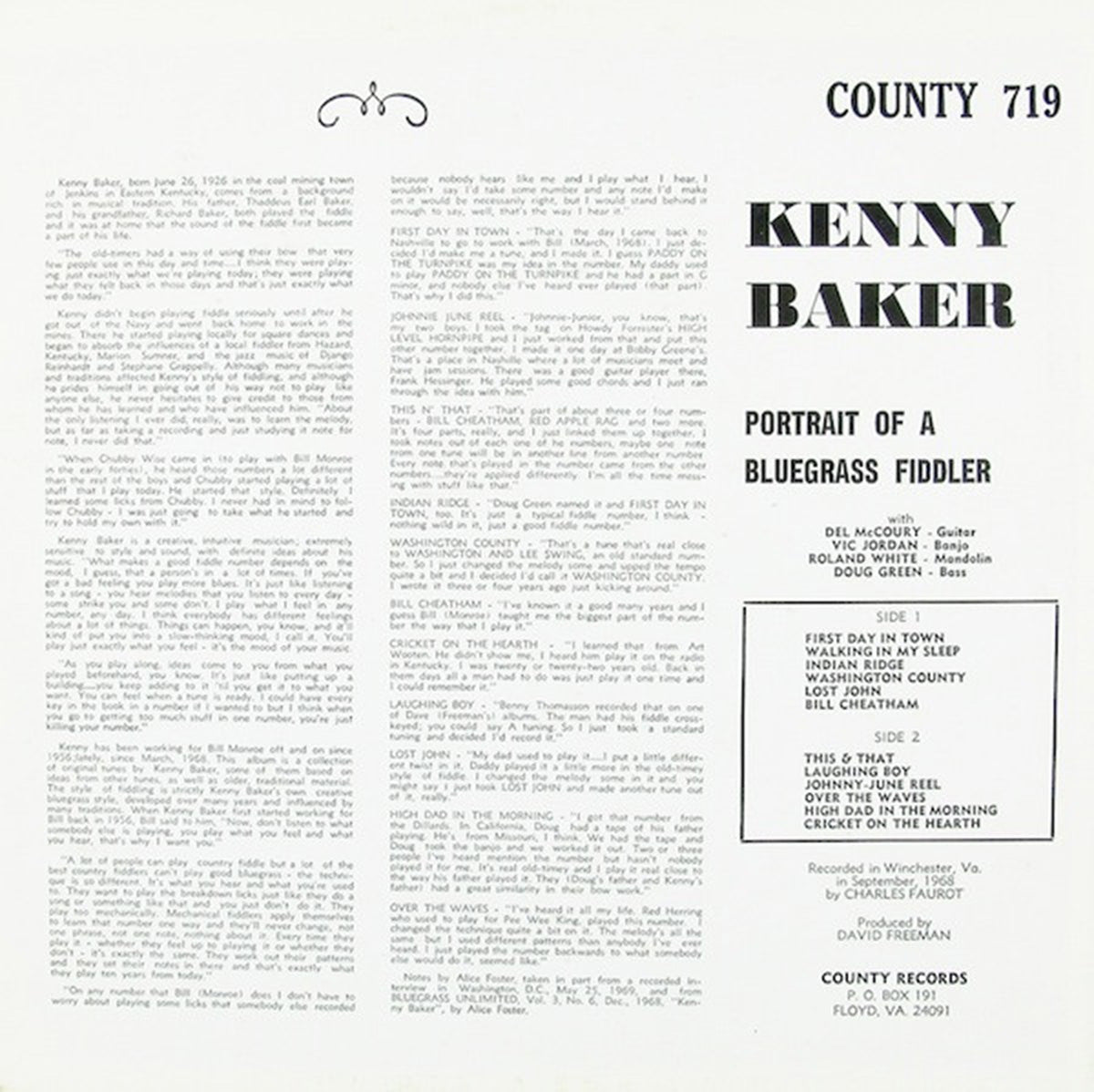 Kenny Baker  – Portrait Of A Bluegrass Fiddler 1969 US Pressing